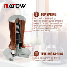 Load image into Gallery viewer, 53.3mm Espresso Hand Tamper, MATOW Calibrated Spring Loaded Coffee with Stainless Steel Ripple Base, Pro-barista 30lbs Espresso Tamper with Red Rosewood Handle Fits Breville 54mm Series Portafilter