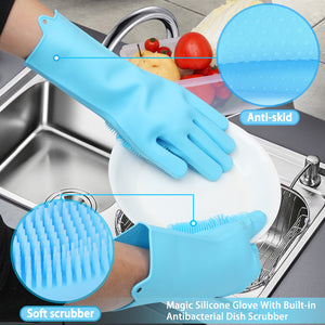 Magic Silicone Gloves with Cleaning Scrubber (Blue)