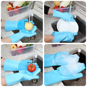 Magic Silicone Gloves with Cleaning Scrubber (Blue)