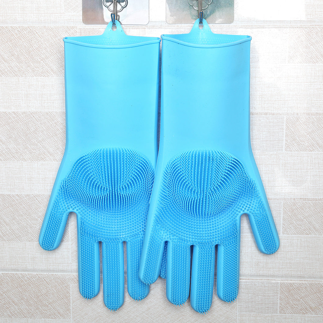 Magic Silicone Gloves with Cleaning Scrubber (Blue)